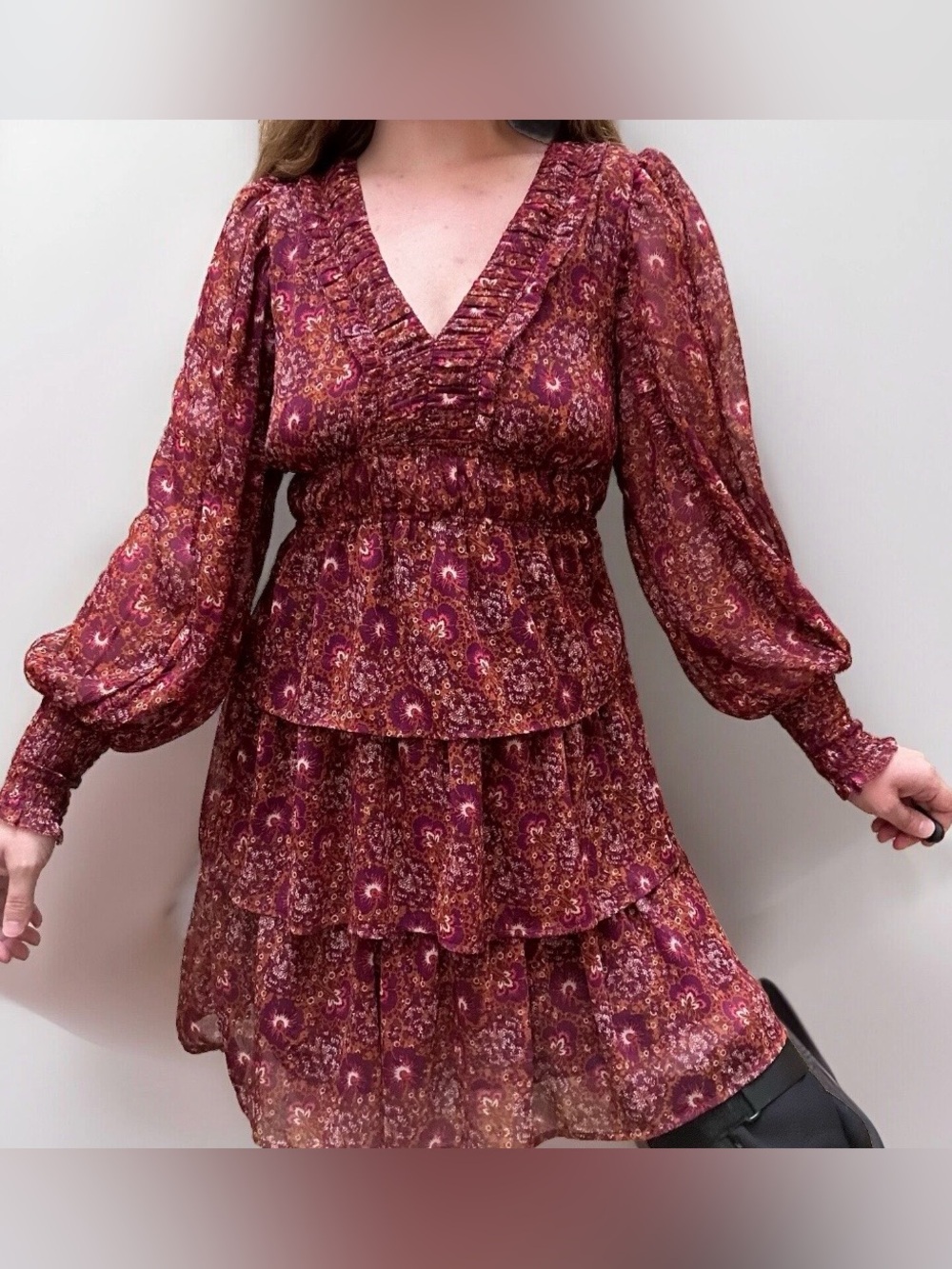 HOUSE of HARLOW Floral Tiered Bishop Sleeve Ruffle Burgandy Mini Dress 6 Fairy